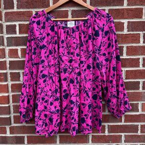 St Johns Bay Top Womens Size 3X Pink Navy Floral Long Sleeve Peasant